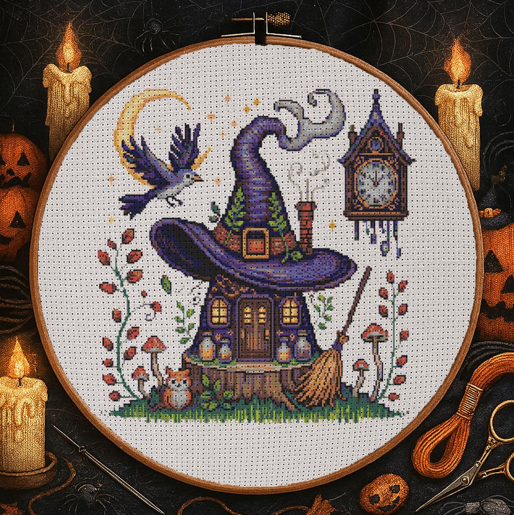 Witch Hat Cottage Cross Stitch Pattern Halloween Fantasy House ...