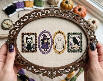 Gothic Halloween Cross Stitch Pattern : Skeleton Cat Witch Ghost Raven Crow Embroidery PDF