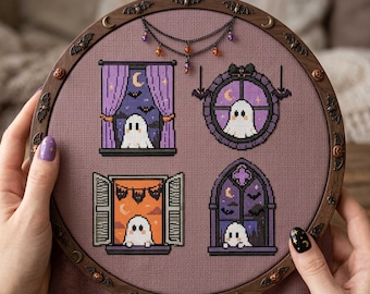 Spooky Ghost Cross Stitch Pattern: Gothic Haunted Window Halloween Embroidery PDF