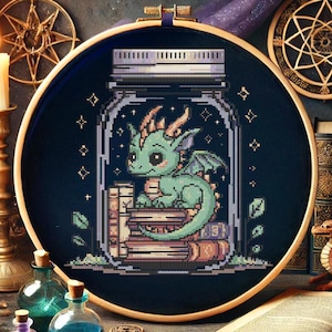 May include: Cross-stitch embroidery in a wooden hoop. The design features a green dragon sitting on a stack of books inside a jar. The background is dark blue with stars and decorative elements. The embroidery is framed by a wooden hoop.