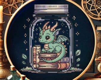 Cute Baby Dragon on Book Stack in a Jar Cross Stitch Pattern Whimsical Green Dragon Embroidery Fantasy Design Cross Stitch PDF For Beginner