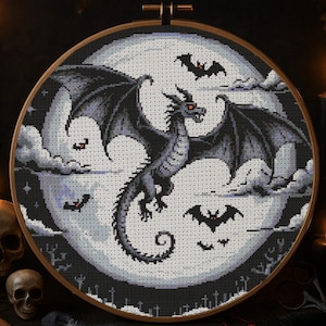 Celestial Gothic Dragon Cross Stitch Pattern Halloween Spooky Dragon Embroidery Magical Dragon Halloween Dark Fantasy Cross Stitch Beginner