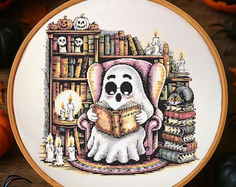 Spooky Ghost in Haunted Library Cross Stitch Pattern Halloween Cute Ghost Reading Embroidery Ghost With Book Library Cross Stitch PDF Lovers