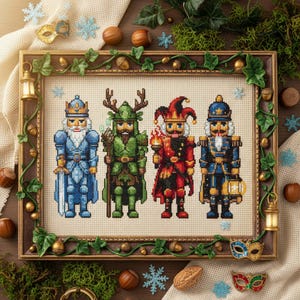May include: Cross-stitch artwork featuring four whimsical nutcracker figures in blue, green, red, and navy uniforms. The framed piece is decorated with acorns, ivy, and small lanterns, evoking a festive holiday theme.