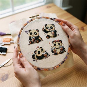 May include: Cross-stitch embroidery hoop featuring four panda bears enjoying bubble tea. The pandas are black, white, and brown, with each holding a cup. The hoop is made of wood and has a decorative painted edge. The fabric is beige.