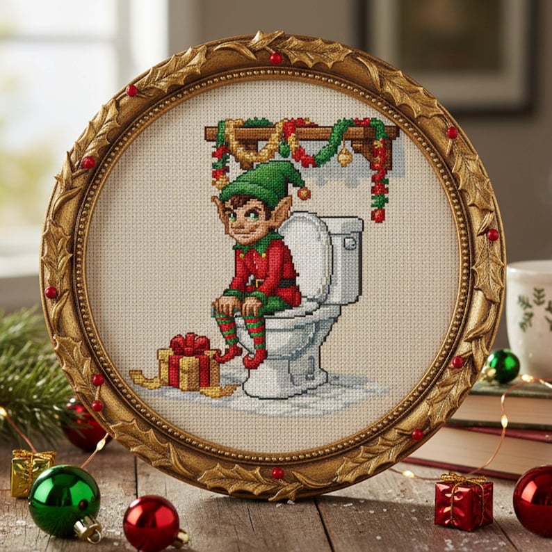 Funny Christmas Elf on Toilet Cross Stitch Pattern: Holiday Elf ...