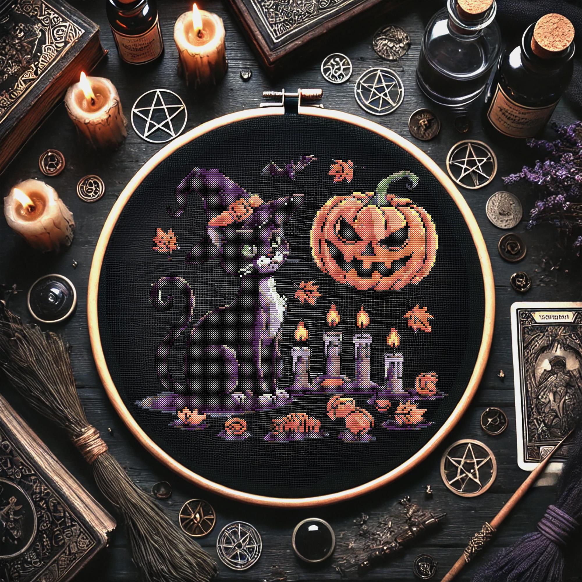 Halloween Witch Cat Cross Stitch Pattern, Spooky Black Cat With Pumpkin ...