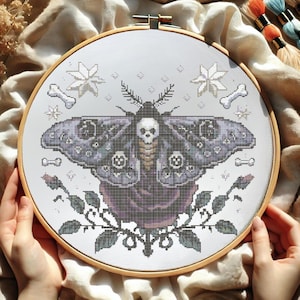 Gothic Moth and Skull Rose Cross Stitch Pattern, Dark Aesthetic Embroidery, Mystic Butterfly Cross Stitch, Macabre Floral Cross Stitch PDF