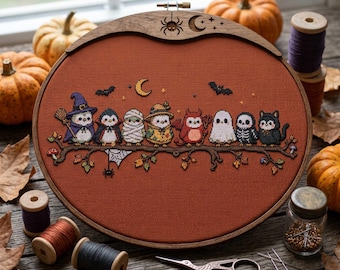 Patrón de punto de cruz de búhos espeluznantes de Halloween: Bordado en PDF de búho, fantasma, esqueleto y gato de bruja
