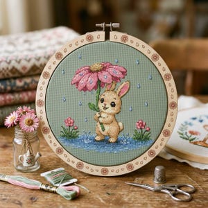 May include: A cross-stitch embroidery hoop featuring a cute bunny holding a pink flower umbrella in the rain. The design is set against a light green background with floral accents. The wooden hoop is decorated with small flower patterns.