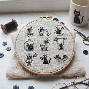 This fantasy cross-stitch pattern features a hobbit-style cottage illustrated across all four seasons, each framed within a decorative postage stamp border. Spring blooms with soft flowers and gentle sunlight, summer glows with lush greenery, autumn warms the scene with golden leaves, and winter settles into a peaceful snowfall beneath a glowing moon. The rounded door, grassy roof, and winding path tie each scene together, creating a cohesive yet varied seasonal collection.
