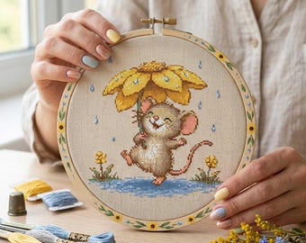 Happy Mouse Cross Stitch Pattern: Rainy Day Sunflower Umbrella Animal Embroidery PDF