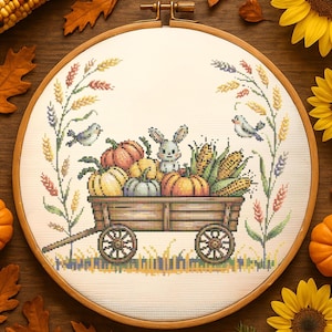 Autumn Bunny with Pumpkin Cart Cross Stitch Pattern Rabbit Surrounded Embroidery Pattern Thanksgiving Holiday Cross Stitch PDF Autumn Lovers