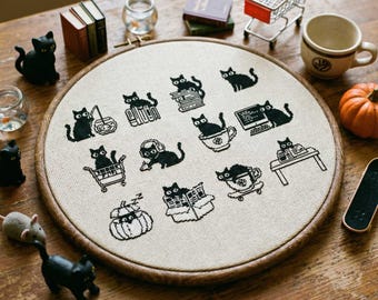 Black Cat Life Icons Cross Stitch Pattern: Reading, Coding, Coffee & Cozy Cat Embroidery PDF