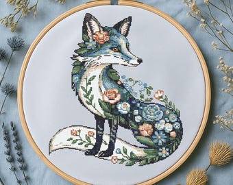 Floral Blue Fox  Cross Stitch Pattern Fantasy Woodland Flowers Fox Embroidery Animal Botanical Forest Stitch Pattern PDF For Beginner