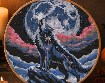 Patrón de punto de cruz de lobo aullador, lobo mágico, luna, bordado, fantasía, naturaleza, lobo, majestuoso, bosque, animal, punto de cruz, PDF para amantes de la naturaleza