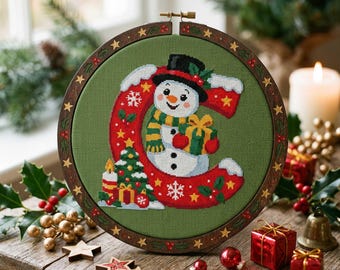 Christmas Letter C Cross Stitch Pattern: Snowman Gifts Festive Initial Tree Holly Embroidery PDF