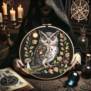 Celebrate the coziness of fall with this Autumn Owl Cross-Stitch Pattern featuring a wise forest owl perched on a branch surrounded by golden leaves, acorns, and glowing mushrooms. Designed at 145 x 145 stitches and using 16 beautiful DMC shades including Cocoa, Mocha, Peach, and Snow White, this pattern is perfect for nature lovers and cozy seasonal decor. Download the PDF instantly and stitch your way into a magical forest scene.