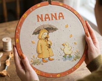Nana Duck Cross Stitch Pattern: Grandma and Baby Duck Rainy Day Scene Embroidery PDF