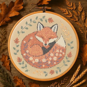 Sleeping Floral Fox Cross Stitch Pattern, Nature autumn Fox Flowers Wildflowers Embroidery Whimsical Woodland Cute Fox Nature Stitch Pattern