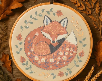 Sleeping Floral Fox Cross Stitch Pattern, Nature autumn Fox Flowers Wildflowers Embroidery Whimsical Woodland Cute Fox Nature Stitch Pattern