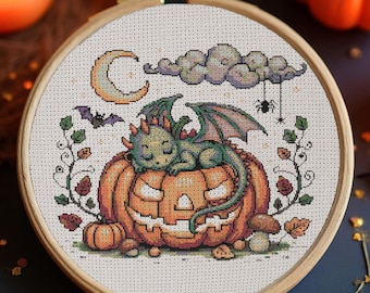 Cute Halloween Dragon Cross Stitch Pattern Fantasy Baby Dragon Pumpkin Embroidery Autumn Baby Dragon Sleeping Halloween Cross Stitch PDF