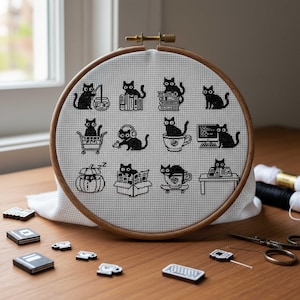 This minimalist cross-stitch pattern features a collection of charming black cat illustrations captured in everyday activities such as reading books, traveling, drinking tea, working at a computer, and relaxing in playful poses. The clean monochrome style creates a calm and modern aesthetic that’s easy to stitch and visually striking once finished. Perfect for cat lovers, cozy décor enthusiasts, and stitchers who enjoy simple yet expressive designs, this pattern brings warmth and personality