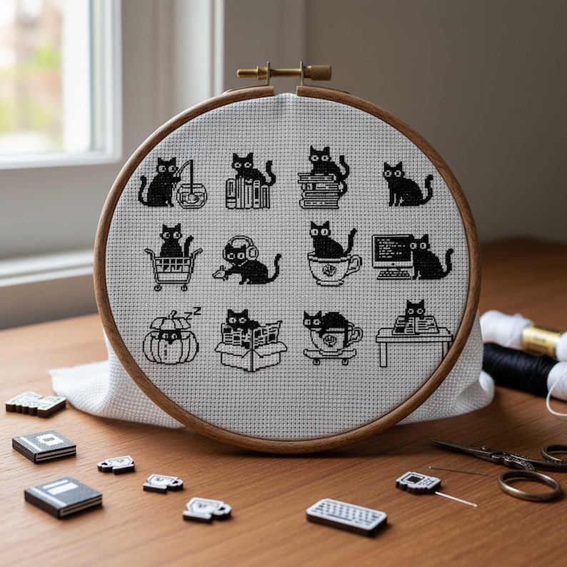 This minimalist cross-stitch pattern features a collection of charming black cat illustrations captured in everyday activities such as reading books, traveling, drinking tea, working at a computer, and relaxing in playful poses. The clean monochrome style creates a calm and modern aesthetic that’s easy to stitch and visually striking once finished. Perfect for cat lovers, cozy décor enthusiasts, and stitchers who enjoy simple yet expressive designs, this pattern brings warmth and personality