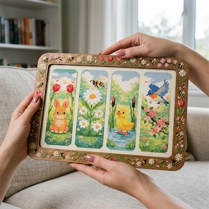 Könnte beinhalten: Ein gerahmtes Kreuzstich-Kunstwerk mit vier Paneelen, die Frühlingsmotive zeigen. Die Paneele zeigen ein Kaninchen, eine Biene, ein Entlein und einen Blaufuß, umgeben von Blumen und Grün. Der Holzrahmen ist mit Blumen- und Bienenmotiven verziert.
