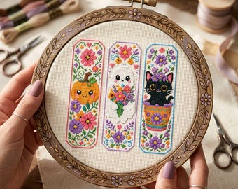 Patrón de punto de cruz para marcapáginas floral espeluznante: Calabaza fantasma, gato negro, bordado de Halloween en PDF