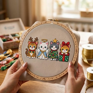 Op de afbeelding: Een ronde houten borduurring met een beige stof waarop een kruissteekontwerp van vier katten staat. De katten zijn verkleed als rendier, engel, kerstboom en een cadeau met een rode strik, allemaal uitgevoerd in levendige kleuren.
