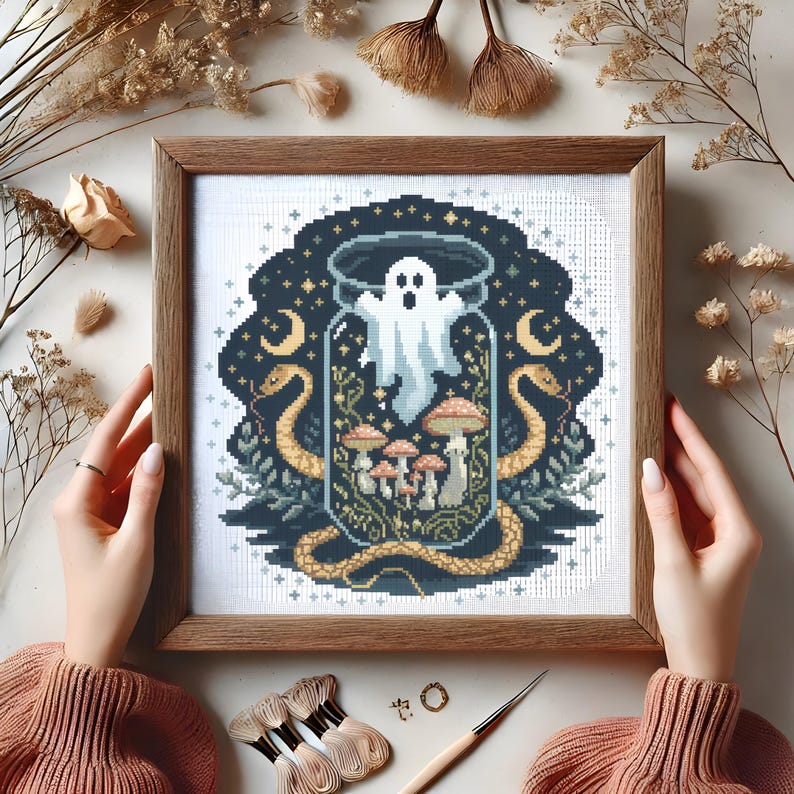 Ghost Stitching Pattern Ghost in a Jar Cross Stitch Pattern, Gothic Halloween Embroidery ...