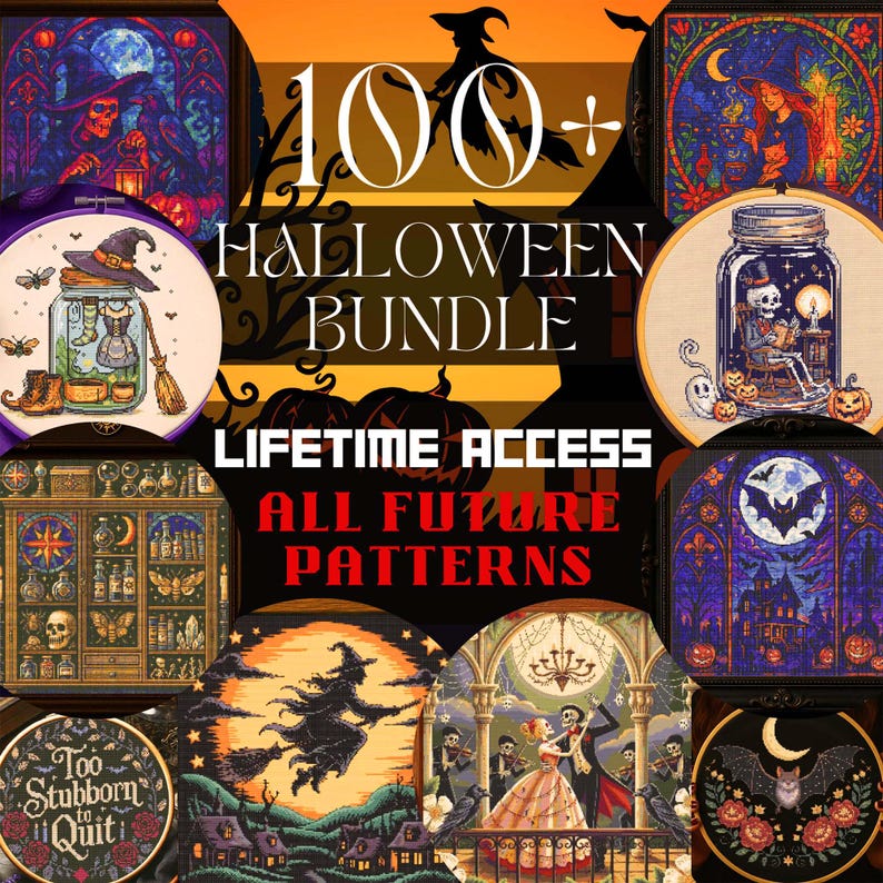 variety of patterns included in the Ultimate Cross Stitch Mega Bundle — from detailed fantasy dragons and spooky Halloween designs to charming cottagecore florals, magical moths, cozy holiday motifs, and woodland animals. Each pattern is available as a high-quality PDF with full symbol charts, DMC color keys, and mobile-friendly layouts. This visual gives a taste of the diversity and creativity you’ll receive with your full-shop embroidery bundle.