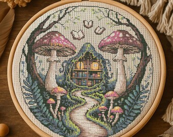 魔法の森の図書館クロスステッチパターン 隠れた森の本の家刺繍 居心地の良いファンタジーの森の風景 巨大キノコクロスステッチ