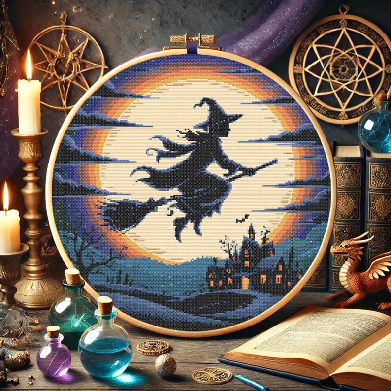 Haunted Night Halloween Cross Stitch Pattern – Witch in Flight with Bats, Stars, and Silhouetted Trees