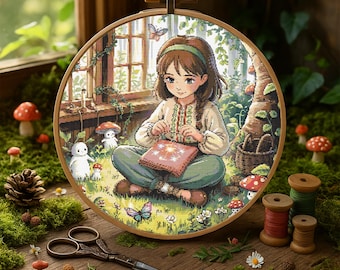 May include: A young girl with brown hair sits in a forest setting, sewing a colorful star-shaped patch onto a green fabric. She is surrounded by greenery, mushrooms, and a small white rabbit.