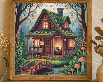 Autumn Woodland Cottage Cross Stitch Pattern Cozy Forest Cabin Autumn Embroidery Fairy Tale Cabin Cozy Woodland Fantasy Cross Stitch PDF