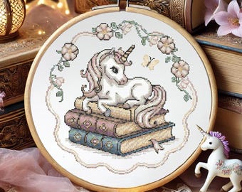 Verzaubertes Einhorn & Vintage Bücher Kreuzstich Muster, Fantasy Blumen Stickerei, Märchen Handarbeiten, Fantasy Einhorn Kreuzstich PDF