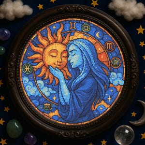 May include: A round, framed artwork featuring a sun and a woman in shades of blue, with zodiac symbols. The sun is orange, and the woman is embracing it. The frame is dark brown, and the background is dark blue with stars.