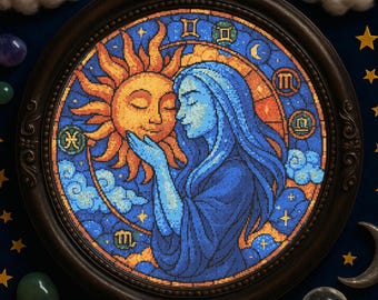 Sun and Moon Lovers Kreuzstichmuster Magical Cosmic Romance Stained Glass Embroidery Celestial Lovers Cross Stitch PDF For Fantasy Lover