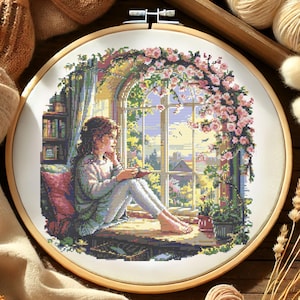 Peaceful Girl on Windowsill With Flowers Cross Stitch Pattern Garden Girl Cross Stitch Pattern Girl reading book Cross Stitch for cozy gift