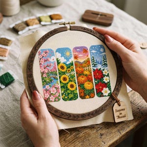 This cross stitch bookmark collection celebrates the beauty of all four seasons through detailed floral and landscape scenes. Spring features blooming cherry blossoms and a peaceful stream, summer showcases vibrant sunflowers beneath a sunny sky, autumn glows with warm golden chrysanthemums and colorful falling leaves, while winter presents elegant poinsettias against a snowy landscape. Together, the designs create a stunning seasonal journey through nature's changing beauty.