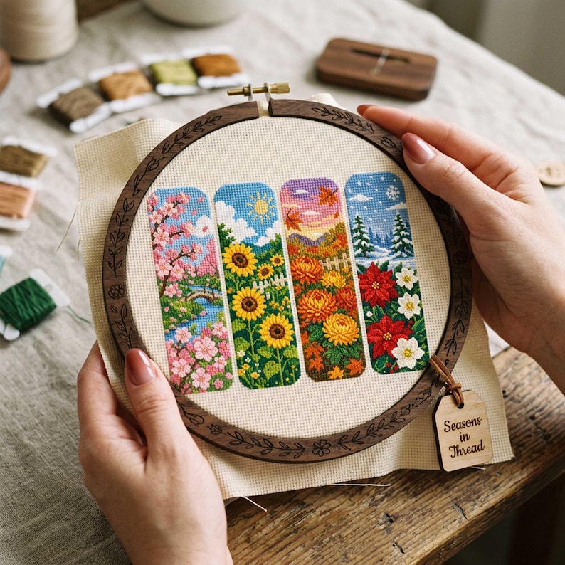 This cross stitch bookmark collection celebrates the beauty of all four seasons through detailed floral and landscape scenes. Spring features blooming cherry blossoms and a peaceful stream, summer showcases vibrant sunflowers beneath a sunny sky, autumn glows with warm golden chrysanthemums and colorful falling leaves, while winter presents elegant poinsettias against a snowy landscape. Together, the designs create a stunning seasonal journey through nature's changing beauty.