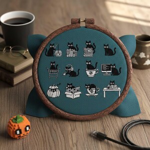 This minimalist cross-stitch pattern features a collection of charming black cat illustrations captured in everyday activities such as reading books, traveling, drinking tea, working at a computer, and relaxing in playful poses. The clean monochrome style creates a calm and modern aesthetic that’s easy to stitch and visually striking once finished. Perfect for cat lovers, cozy décor enthusiasts, and stitchers who enjoy simple yet expressive designs, this pattern brings warmth and personality