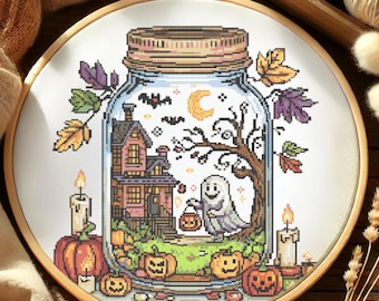 Halloween Geisterhaus Glas Mit Geist Kreuzstichmuster Halloween Geisterglas Stickerei Halloween Nette Geist Kürbisse Kreuzstich