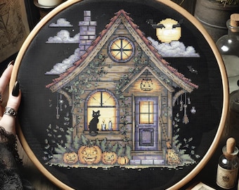 Halloween Witch House with Black Cat Cross Stitch Pattern Spooky Halloween Cottage Embroidery Pattern Cozy House Halloween Cross Stitch
