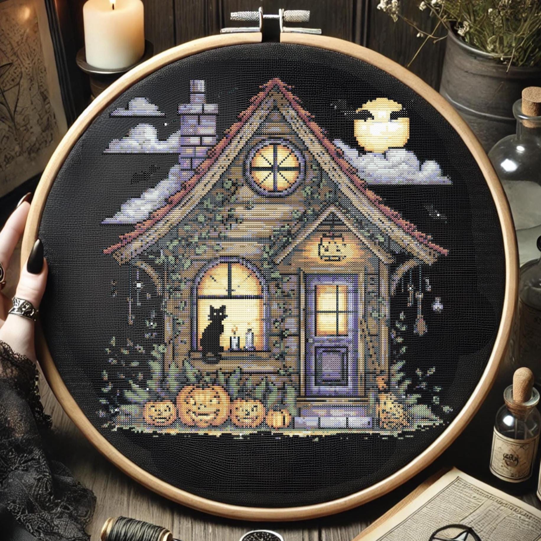 Halloween Witch House With Black Cat Cross Stitch Pattern Spooky ...