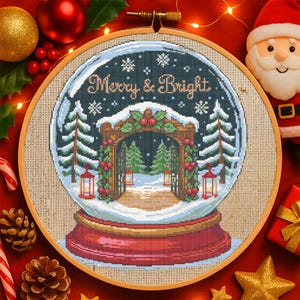 Patrón de punto de cruz para bola de nieve alegre y brillante Patrón de bordado para bola de nieve navideña Adorno navideño festivo PDF de punto de cruz navideño