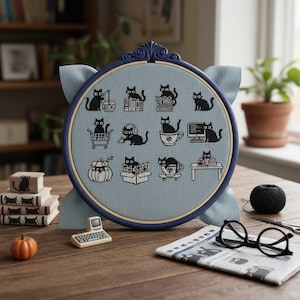 This minimalist cross-stitch pattern features a collection of charming black cat illustrations captured in everyday activities such as reading books, traveling, drinking tea, working at a computer, and relaxing in playful poses. The clean monochrome style creates a calm and modern aesthetic that’s easy to stitch and visually striking once finished. Perfect for cat lovers, cozy décor enthusiasts, and stitchers who enjoy simple yet expressive designs, this pattern brings warmth and personality