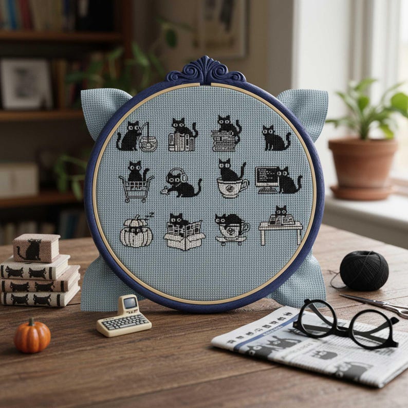 This minimalist cross-stitch pattern features a collection of charming black cat illustrations captured in everyday activities such as reading books, traveling, drinking tea, working at a computer, and relaxing in playful poses. The clean monochrome style creates a calm and modern aesthetic that’s easy to stitch and visually striking once finished. Perfect for cat lovers, cozy décor enthusiasts, and stitchers who enjoy simple yet expressive designs, this pattern brings warmth and personality